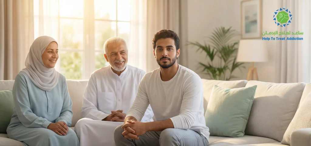 شاب متعافي يجلس مع أسرته في المنزل كجزء من نجاح برنامج الرعاية اللاحقة ومنع الانتكاسة بمركز ساعد