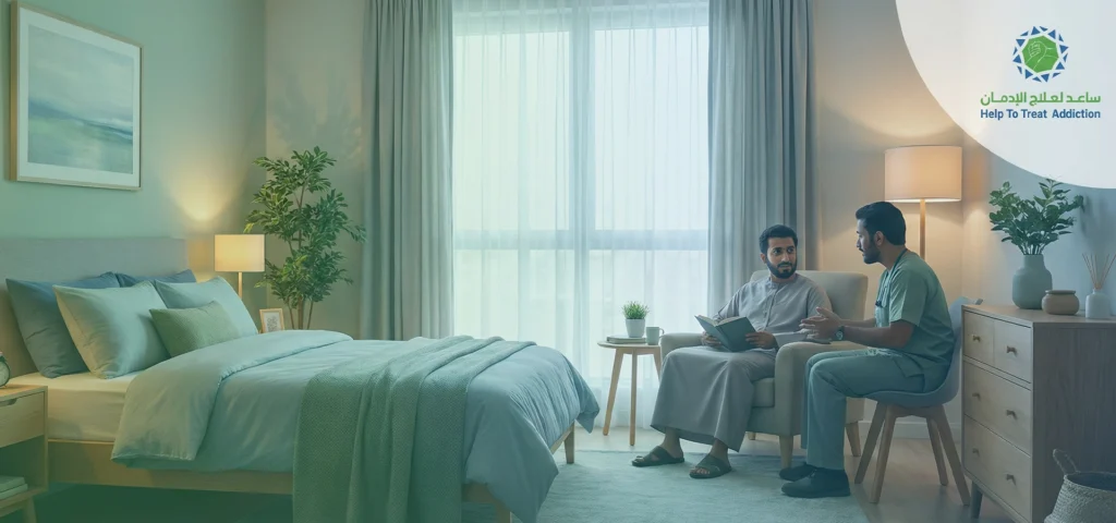 غرفه إقامة فندقية مريحة داخل مركز "ساعد" لعلاج الإدمان تظهر مريضاً يتحدث مع أخصائي نفسي